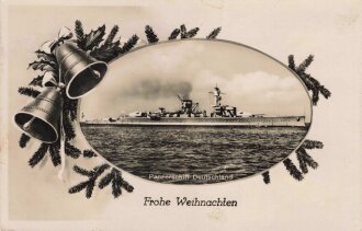 Ansichtskarte "Frohe Weihnachten - Panzerschiff Deutschland", Rückseite Klebereste