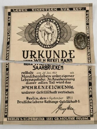 Deutsche Lebensrettungsgesellschaft DLRG , Ehrenzeichen "Für Lebensrettung" mit zugehöriger Anerkennungsurkunde, diese leider defekt. Ausgestellt 1933