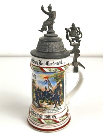 Hessen, Reservistenkrug eines Angehörigen 1.Großherzogl. Hess. Infanterie Leibgarde Regiment  Nr. 115 Darmstadt. Deckel wackelt, Spinne im Boden, sonst normale Gebrauchsspuren, ungereinigtes Stück