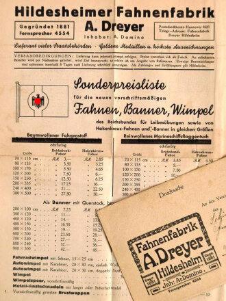 Sonderpreisliste der Hildesheimer Fahnenfabrik A. Dreyer...
