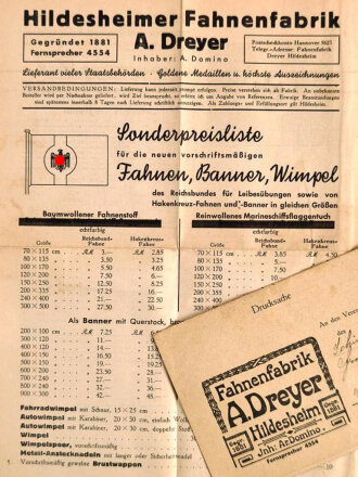 Sonderpreisliste der Hildesheimer Fahnenfabrik A. Dreyer für die vorschriftsmäßigen Fahnen, Banner, Wimpel, inklusive Dokument über Reichsbundfahne von 1939