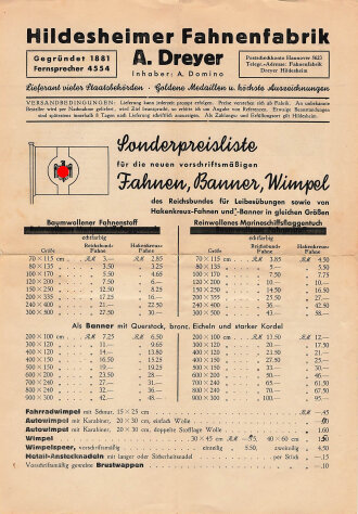 Sonderpreisliste der Hildesheimer Fahnenfabrik A. Dreyer...