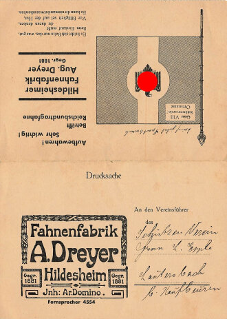 Sonderpreisliste der Hildesheimer Fahnenfabrik A. Dreyer für die vorschriftsmäßigen Fahnen, Banner, Wimpel, inklusive Dokument über Reichsbundfahne von 1939