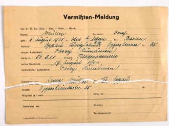 Vermisstenmeldung eines Angehörigen der Feldgendarmerie von 1944, Ludwigshafen