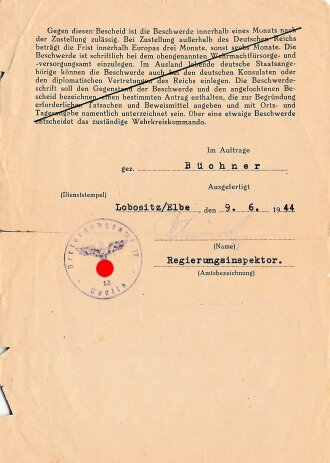 Bescheid über die Ablehnung der Elternversorgung durch das Auswärtige Amt Brüssel von 1944