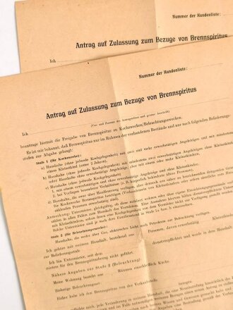 2 Stück Anträge auf Zulassung zum Bezuge von Brennspiritus, Blanko, nach 1940