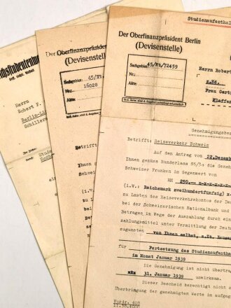 Reichsstudentenwerk,  Genehmigungsbescheide zum Erwerb Schweizer Franken des Oberfinanzpräsidenten zwecks Studienaufenthalt von 1939