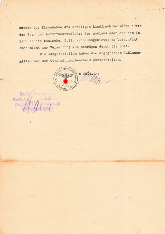 Reichsstudentenwerk,  Genehmigungsbescheide zum Erwerb Schweizer Franken des Oberfinanzpräsidenten zwecks Studienaufenthalt von 1939