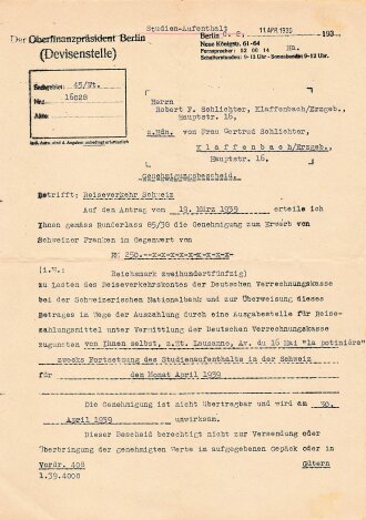 Reichsstudentenwerk,  Genehmigungsbescheide zum Erwerb Schweizer Franken des Oberfinanzpräsidenten zwecks Studienaufenthalt von 1939