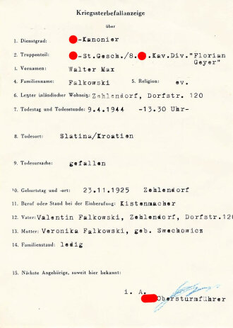 Kriegssterbefallanzeige der Auskunftsstelle für Kriegerverluste der Waffen-SS, Truppenteil 8. SS. Kavallerie Division "Florian Geyer", eigenhändige Unterschrift von einem SS Obersturmführer, Bamberg 1944