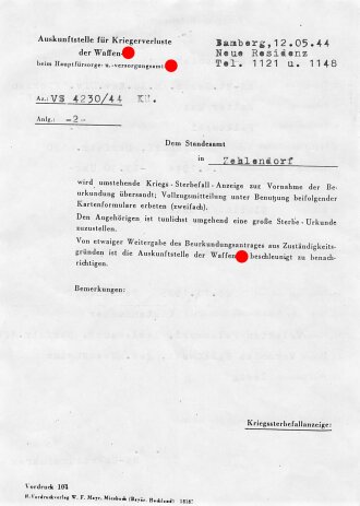 Kriegssterbefallanzeige der Auskunftsstelle für Kriegerverluste der Waffen-SS, Truppenteil 8. SS. Kavallerie Division "Florian Geyer", eigenhändige Unterschrift von einem SS Obersturmführer, Bamberg 1944
