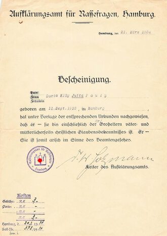 Auklärungsamt für Rassefragen, Bescheinigung: arisch im Sinne des Beamtengesetzes,  Hamburg 1934, eigenhändige Unterschrift Leiter des Aufklärungsamts