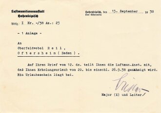 Luftmunitionsanstalt Hohenleipisch. Briefverkehr Krankmeldung, Urlaubsgenehmigung von 1938