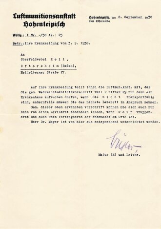 Luftmunitionsanstalt Hohenleipisch. Briefverkehr Krankmeldung, Urlaubsgenehmigung von 1938