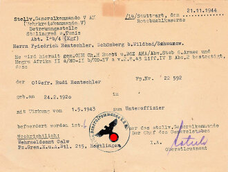 Beförderung zum Unteroffizier durch Stellvertreter des Generalkommandos Wehrkreiskommando Betreuungsstelle Stalingrad und Tunis, Stuttgart 1944