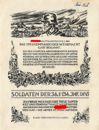 Bekanntmachung aus dem Führerhauptquartier durch das Oberkommando der Wehrmacht, über Erfolgreiche Abwehrkämpfe zwischen Pripjet und Beresina von 1944. Maße 13 x 17cm