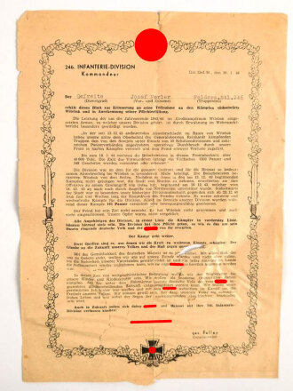 246. Infanterie Division Kommandeur, DIN A4 Blatt zur Erinnerung an Teilnahme an Kämpfen und Anerkennung der Pflichterfüllung eines Gefreiten von 1944