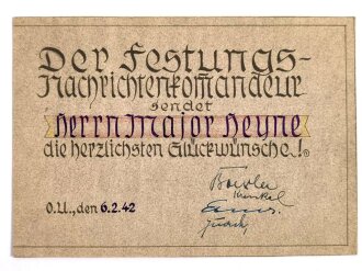 Glückwunschkarte A5, des Festungsnachrichtenkommandeurs an Major Heyne, mit 4 Signature, von 1942