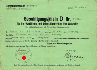 Luftgaukommando: Berechtigungsschein für die Vorführung mit Schmalfilmgeräten der Luftwaffe, A4, Dienststelle Nürnberg von 1940