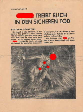 Flugblatt der russischen Armee: "Hitler treibt euch in den sicheren Tod". Appell an deutsche Soldaten, gleichzeitig Passierschein