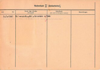 Ausweis eines Zivilarbeiters aus Sowjetrussland. Aufenthaltsort: geflüchtet, 1942