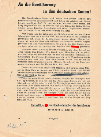 Flugblatt / Handzettel " Heinrich Himmler an die Bevölkerung in den deutschen Gauen vom Februar 1945"