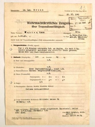 Wehrmachtärztliches Zeugnis über Tropendienstfähigkeit der Luftwaffe, Dienstelle Brünn, von 1941