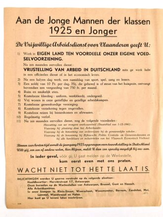 Flugblatt Belgien: Freiwilliger Arbeitsdienst, gerichtet an die Jahrgänge 1925 und jünger, Antwerpen