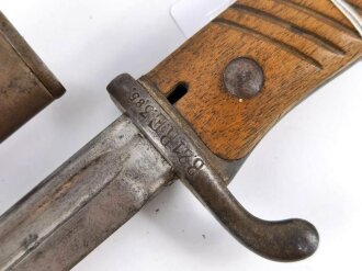 Bayern, Seitengewehr 98 lang, Kammerstück von 1904 in gutem Zustand, Lederscheide nicht geschrumpft