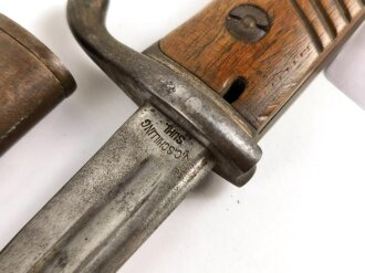 Bayern, Seitengewehr 98 lang, Kammerstück von 1904 in gutem Zustand, Lederscheide nicht geschrumpft