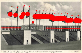 Ansichtskarte "Nürnberg Reichsparteigelände. Tribünenturm zum Zeppelinplatz" Rückseite Klebereste