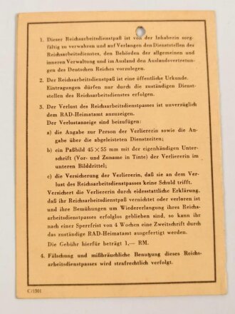 RAD Reichsarbeitsdienst, Arbeitsdienst für die weibliche Jugend, Arbeitsdienstpaß (Arbeitsdienstzeugnis) , ausgestellt 1943 auf eine Frau aus Dresden