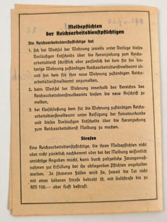 RAD Reichsarbeitsdienst, Arbeitsdienst für die weibliche Jugend, Arbeitsdienstpaß (Arbeitsdienstzeugnis) , ausgestellt 1941 auf eine Frau aus Oberhausen, dazu der vorläufige Entscheid