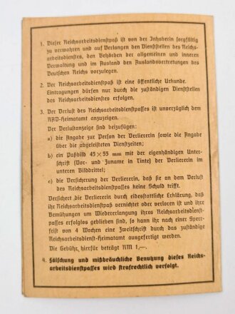 RAD Reichsarbeitsdienst, Arbeitsdienst für die weibliche Jugend, Arbeitsdienstpaß (Arbeitsdienstzeugnis) , ausgestellt 1941 auf eine Frau aus Oberhausen, dazu der vorläufige Entscheid