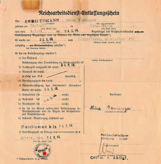 Reichsarbeiterdienst Entlassungsschein, von 1944 aus Rebetz