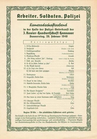 Polizei III.Reich, Vortragsprogramm Kameradschaftsabend des 3. Revier Hundertschaft Hannover von 1940