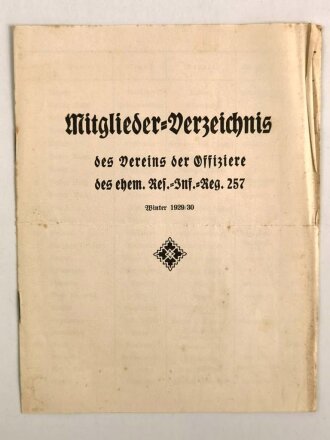 Mitgliederverzeichnis des Vereins der Offiziere des ehemaligen Infanterie Regiment 257 vom Winter 1929, 1930