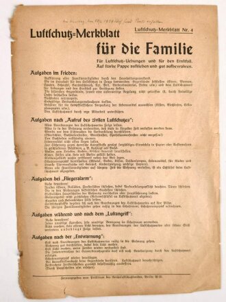 Luftschutz Merkblatt Nummer 4 für die Familie, des Präsidiums des Reichsluftschutzbundes 1935