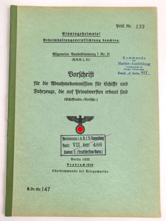 Kriegsmarine, M.Dv.Nr. 147 "Allgemeine Baubestimmungen 1 Nr. 21 - Vorschrift für die Abnahmekommission" datiert 1939, DIN A4