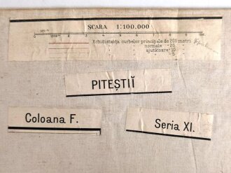Landkarte Seria XI, Petestii, Coloana F. Karte, Maße: 42 x 46 cm, stark gebraucht, auf Stoff geklebt