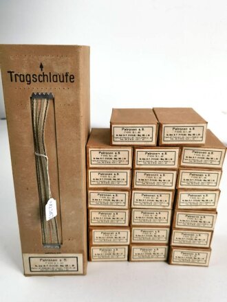 Pappkasten für 300 Schuss Munition 8x 57 ( für K98 ) . 20 Pappschachteln enthalten, alles zusammengehörig. OHNE Inhalt - Complete matching set for 300 K98 rounds, ONLY EMPTY BOXES