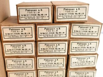 Pappkasten für 300 Schuss Munition 8x 57 ( für K98 ) . 20 Pappschachteln enthalten, alles zusammengehörig. OHNE Inhalt - Complete matching set for 300 K98 rounds, ONLY EMPTY BOXES