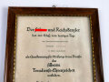 Verleihungsurkunde für das silberne Treudienst Ehrenzeichen, ausgesetllt auf einen Gemeindekassenverwalter 1939. Original gerahmt