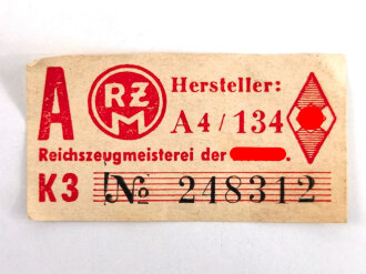 Hitler Jugend RZM Etikett aus Papier