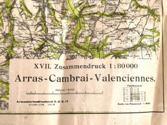 1.Weltkrieg Landkarte "Arras, Cambrai, Valenciennes", Frankreich, Maße: 84 x 100,5 cm, datiert: 1918, stark gebraucht