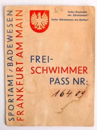 Freischwimmer-Pass für eine Angehörige des BDM, datiert 1937 Frankfurt am Main