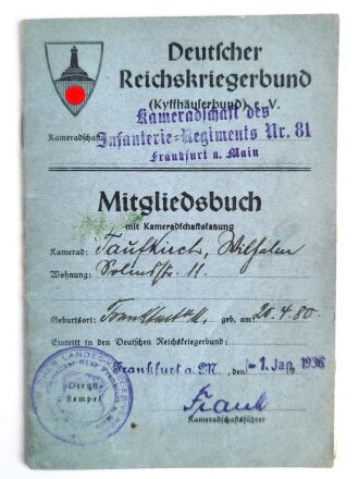 Deutscher Reichskriegerbund ( Kyffhäuserbund) e.V. "Mitgliedsbuch", datiert 1936 Frankfurt am Main