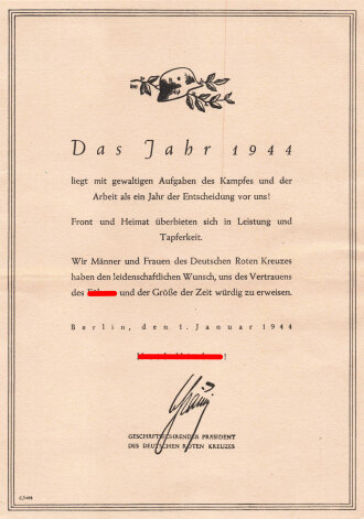 Deutsches Rotes Kreuz, Erinnerungsblatt  "Das Jahr 1944..." DIN A5