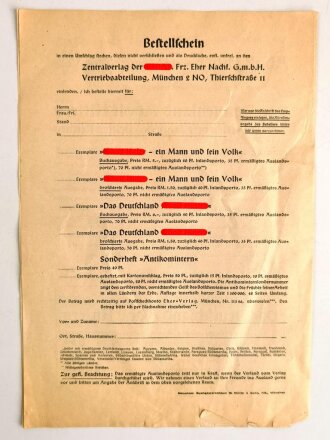 Bestellschein des Zentralverlags der NSDAP München, 4-seitig, DIN A4