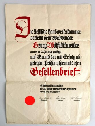 "Gesellenbrief für das Maler- und Weißbinder Handwerk", Maße: 47 x 32 cm, datiert 1936 Darmstadt, mehrmals geknickt